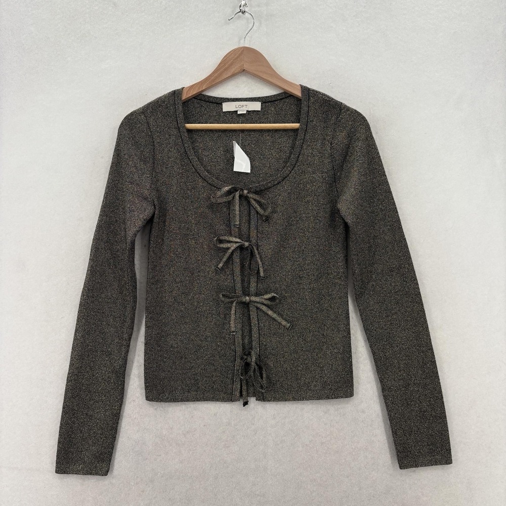LOFT Cardigan Sweater Womens Small Gray Metallic Bow Front Scoop Neck Knit NWT